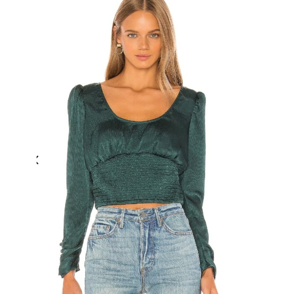 Free People Emerald Green Smocked Waist Crop Top Long Sleeve Button Cuff Small